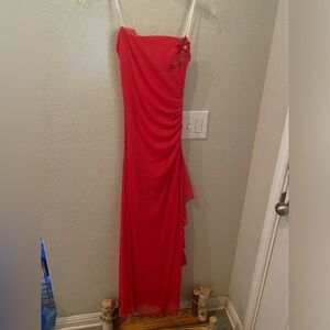 Reddish pink strapless formal dress